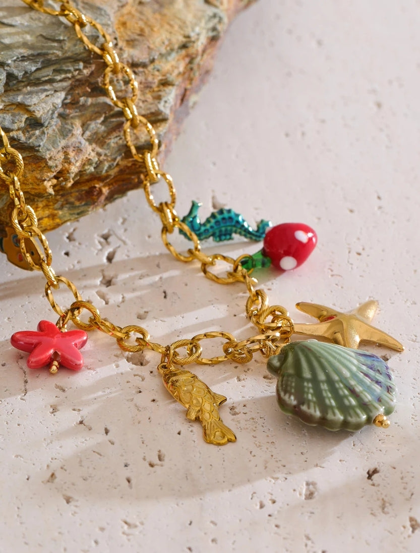 Ceramic Seashell & Sea Charms Necklace