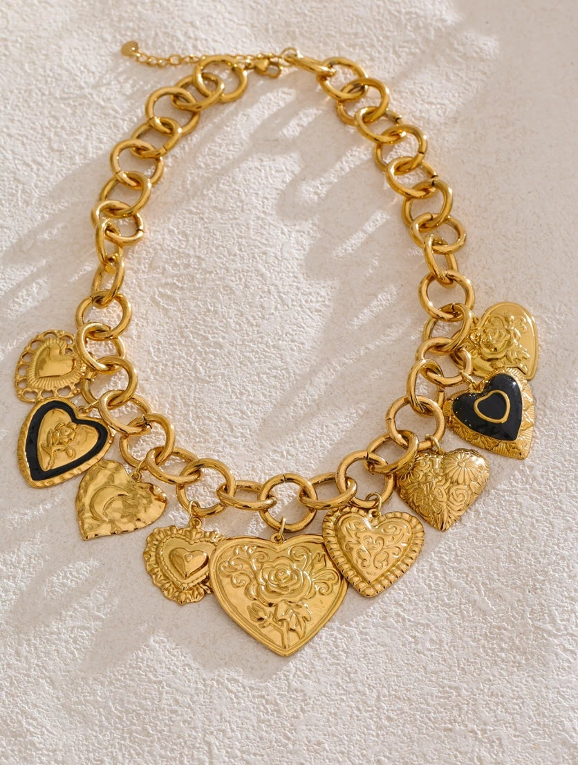 Large Circle Chain Necklace with Multiple Hearts