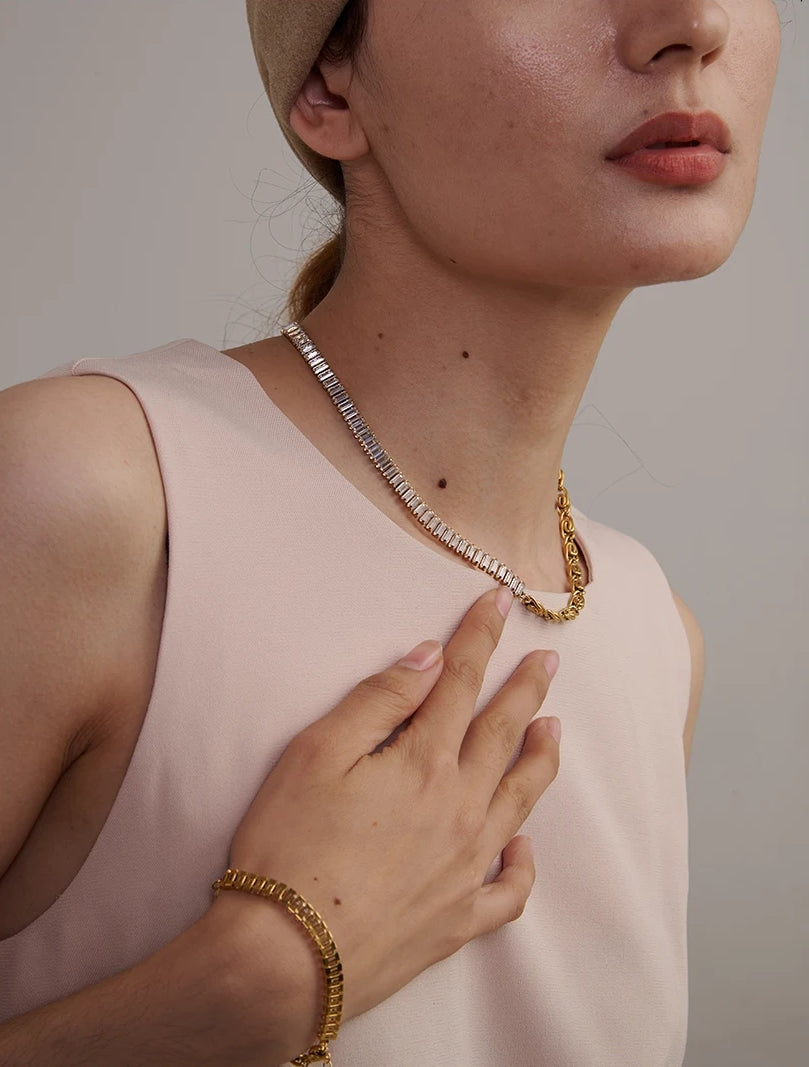 Geometric Chain Cubic Zircon Jewelry Set (Necklace & Bracelet)