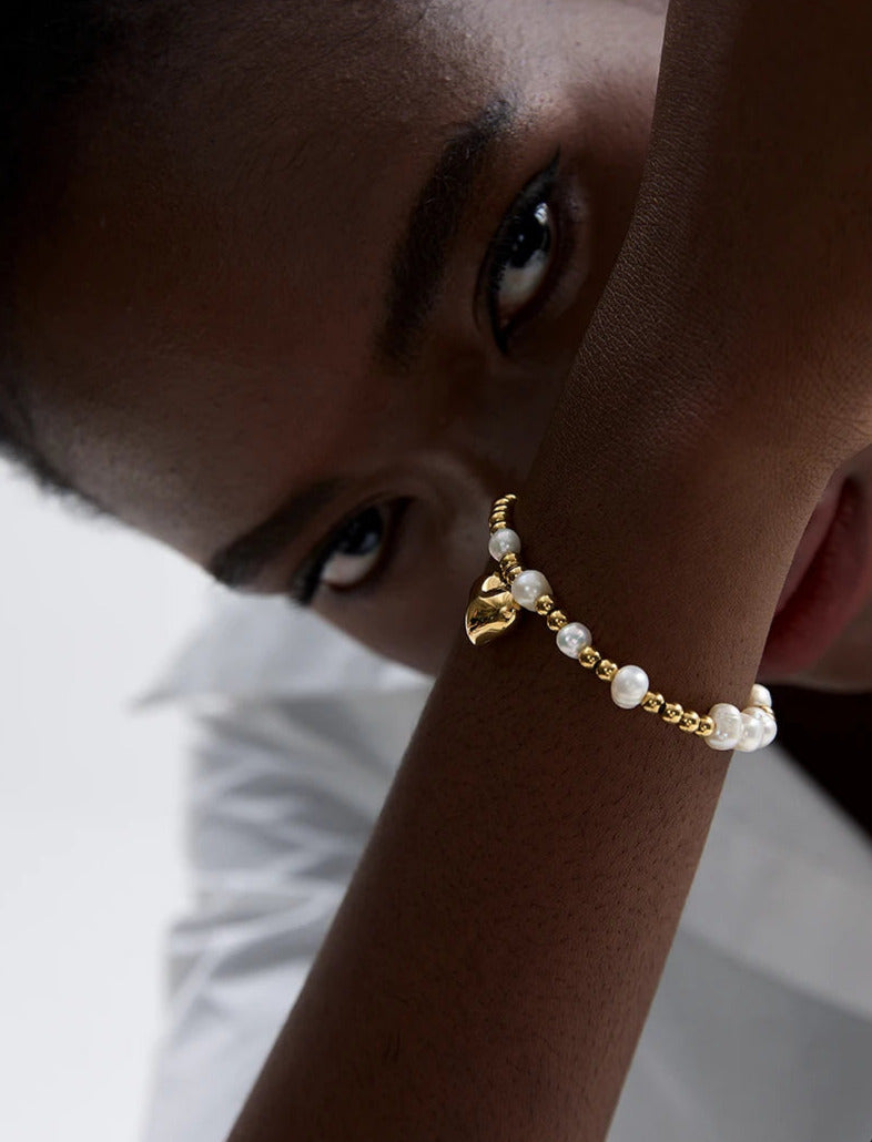 Natural Pearl Round Steel Bead Drop Heart Bracelet