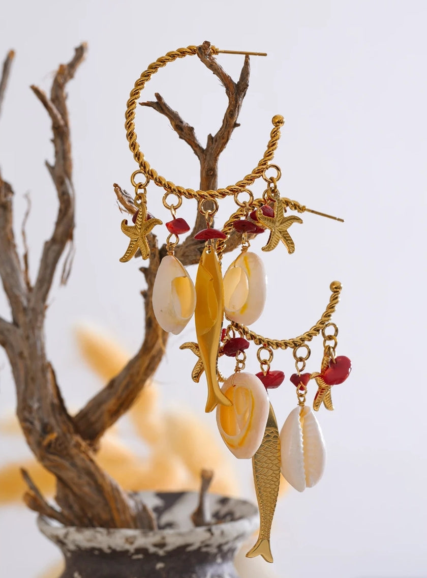 Natural Red Stone & Sea Charms Gold Hoop Earrings