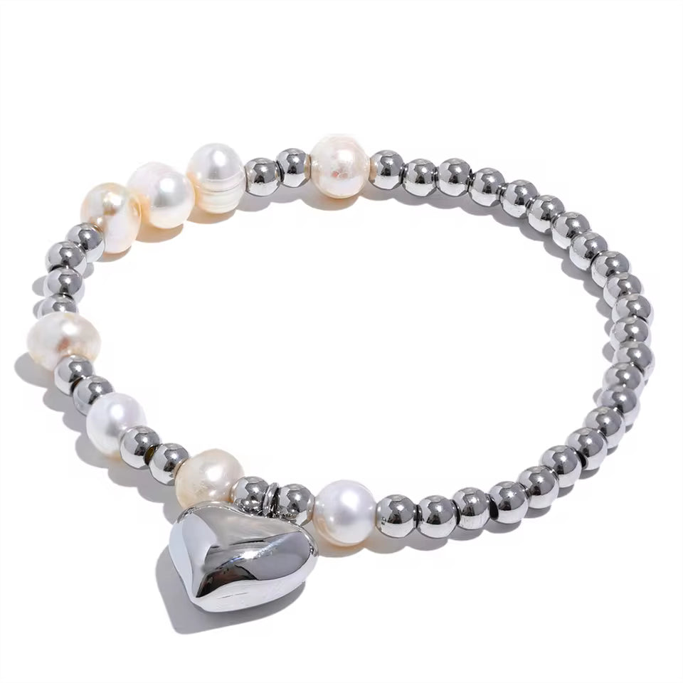 Natural Pearl Round Steel Bead Drop Heart Bracelet