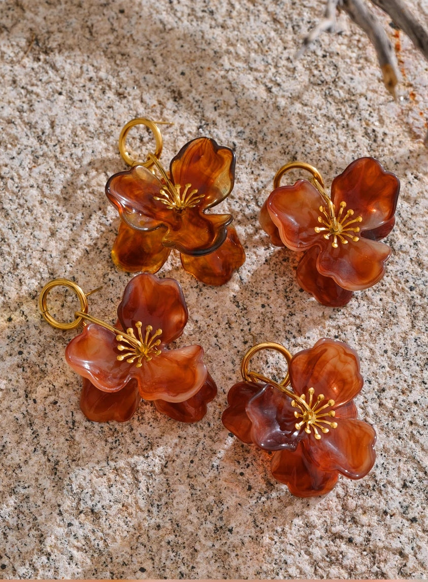 Resin Flower & Bud Dangle Earrings