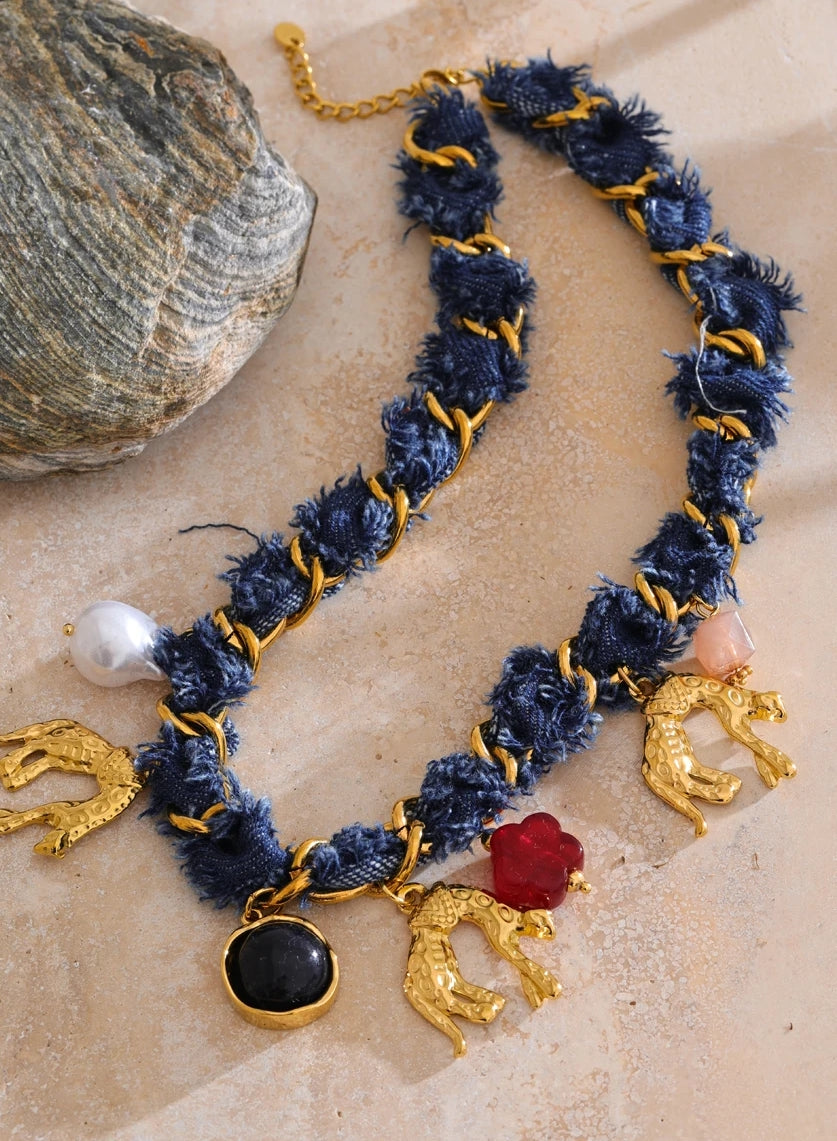 Blue Denim Panther Charm Necklace