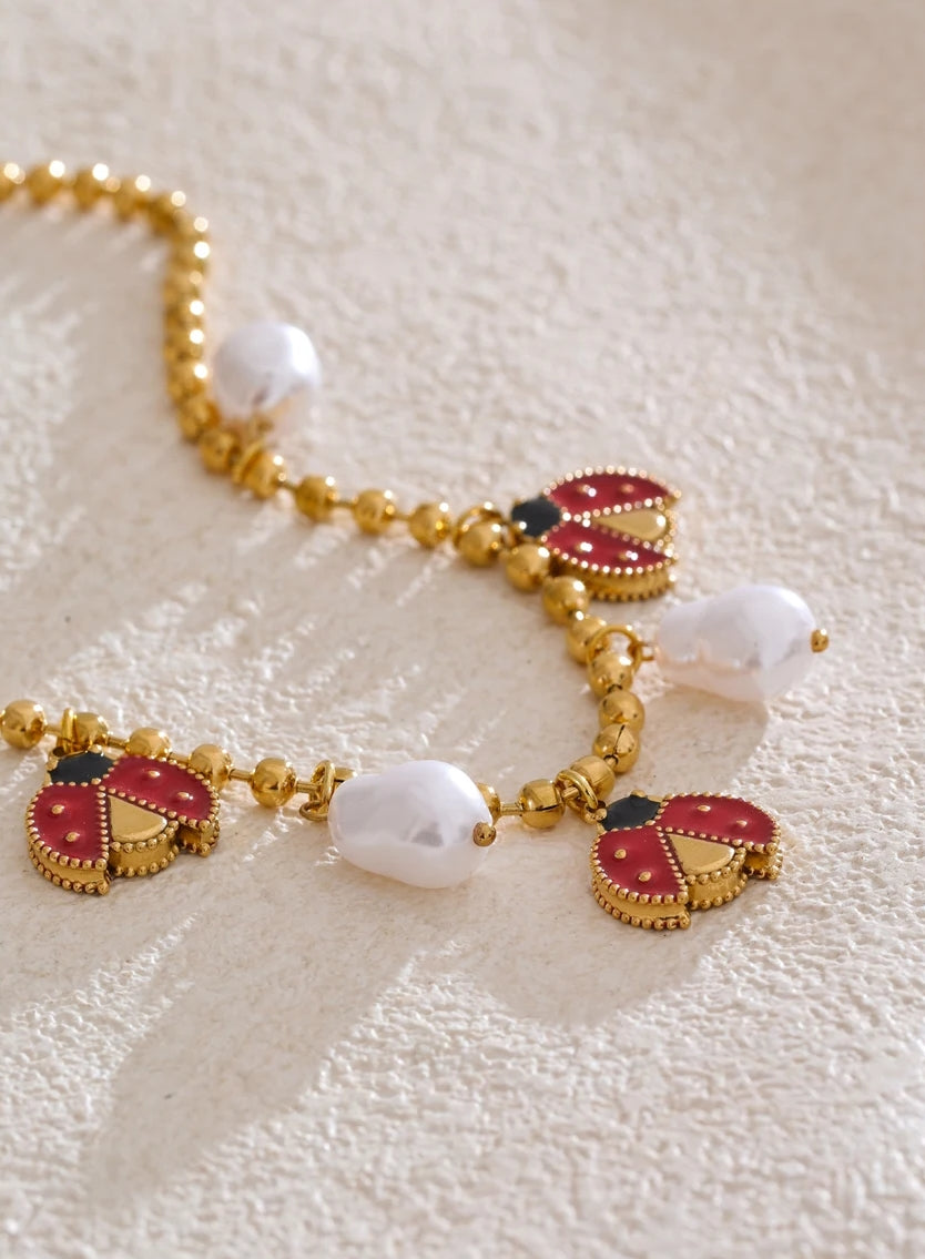 Natural Pearls & Enamel Ladybird Charms Necklace