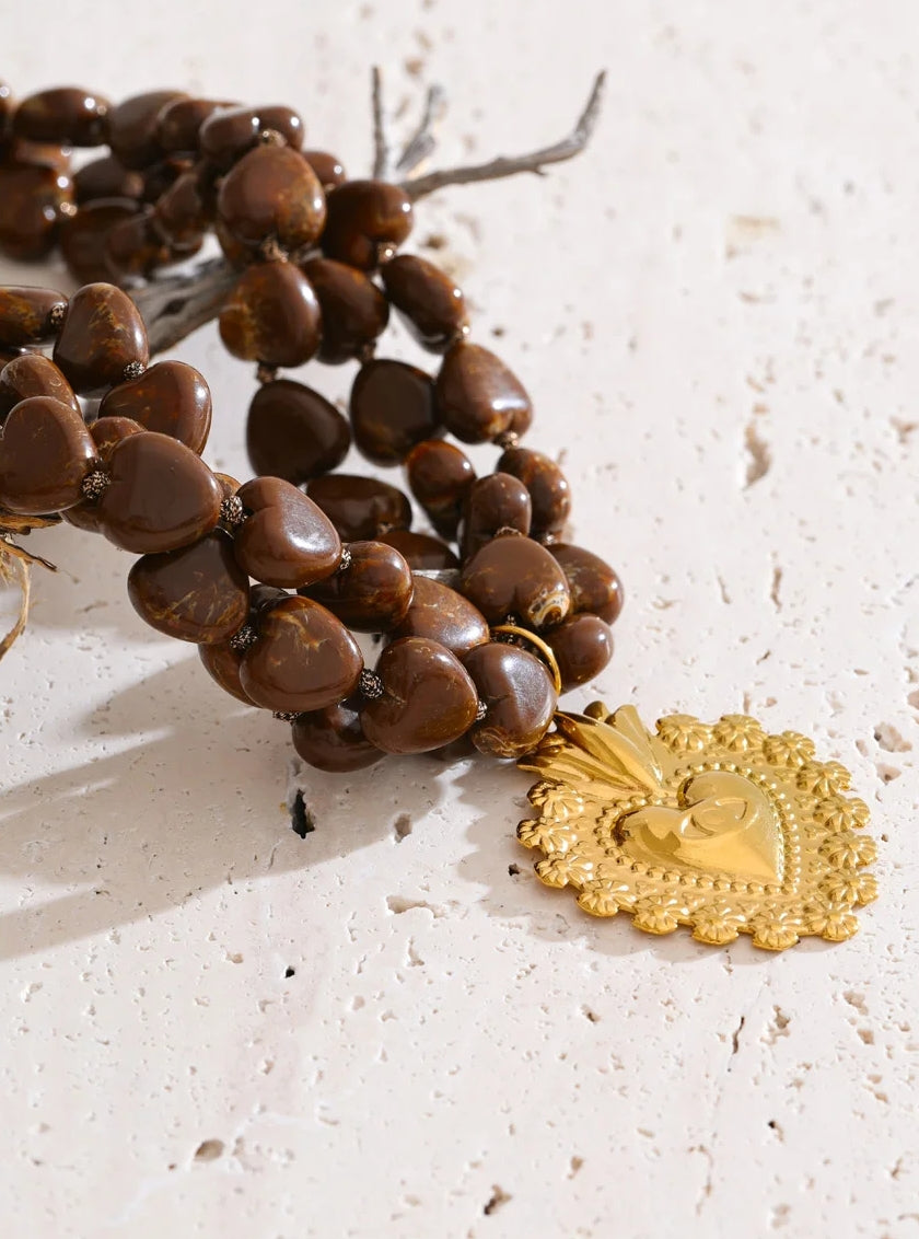 Multi Layered Brown Dolomite Heart Pendant Necklace