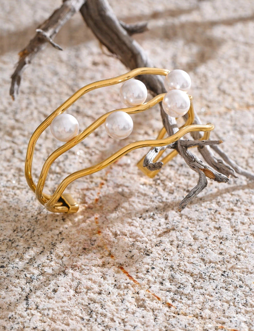 Simulated Pearl Layered Hollow Cuff Bracelet