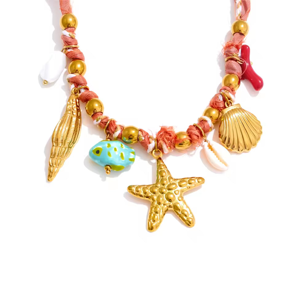 Braided Red Rope Sea Charms Necklace