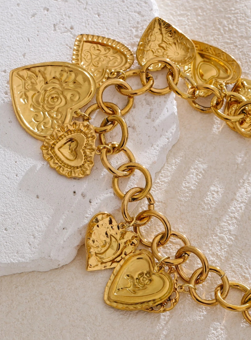 Mix Engraved Heart Multi Charm Necklace