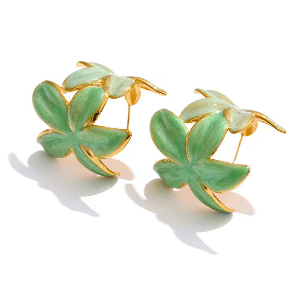Pink Enamel Golden Flower Huggie Earrings