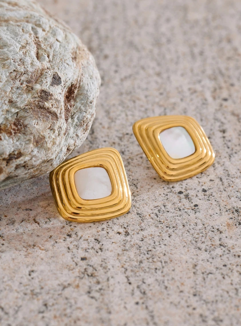 Asymmetric Square Stud Earrings with Shell Detail