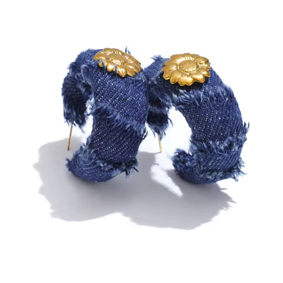 Blue Denim Flower Hoop Earrings