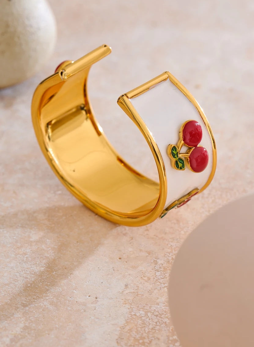 White Enamel Cherry Cuff Bracelet
