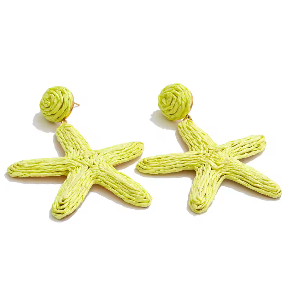 Green Raffia Starfish Dangle Earrings