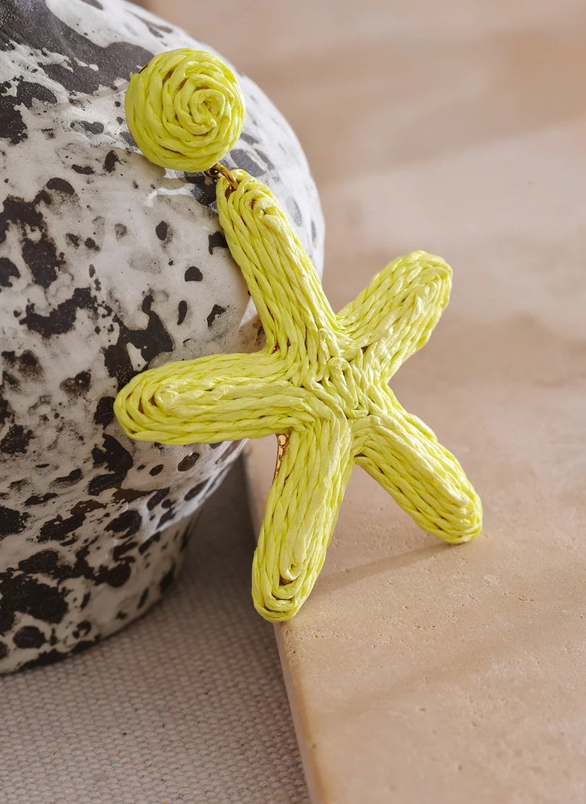 Green Raffia Starfish Dangle Earrings