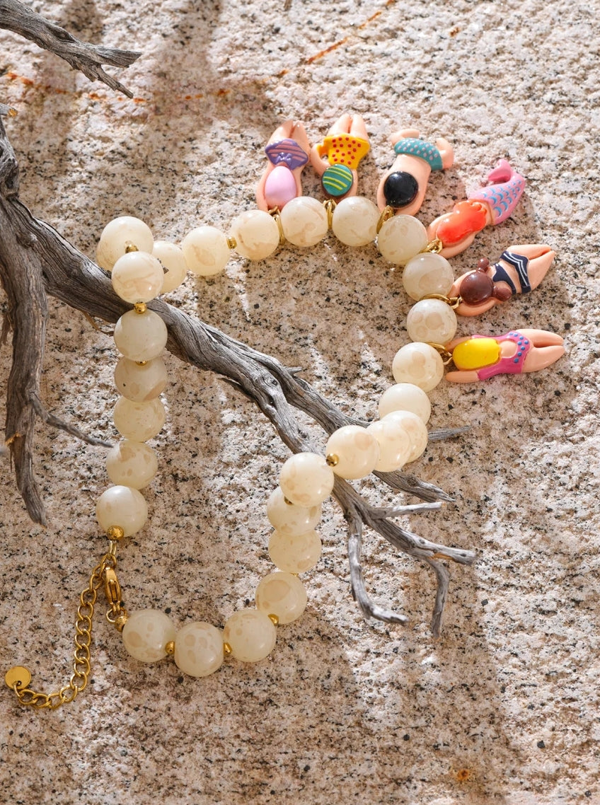 Bikini Dolls & Natural Stone Bead Drop Necklace