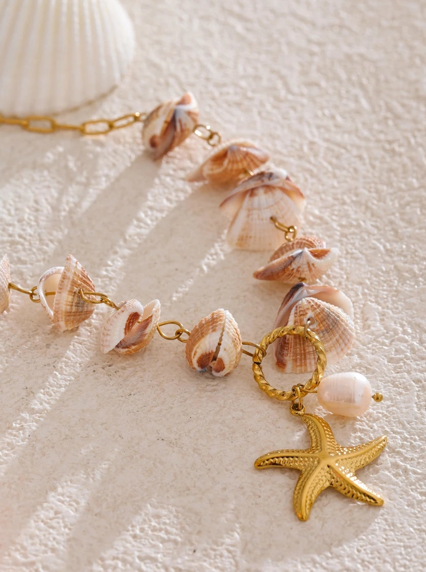 Natural Seashell Chain Starfish Pendant Necklace