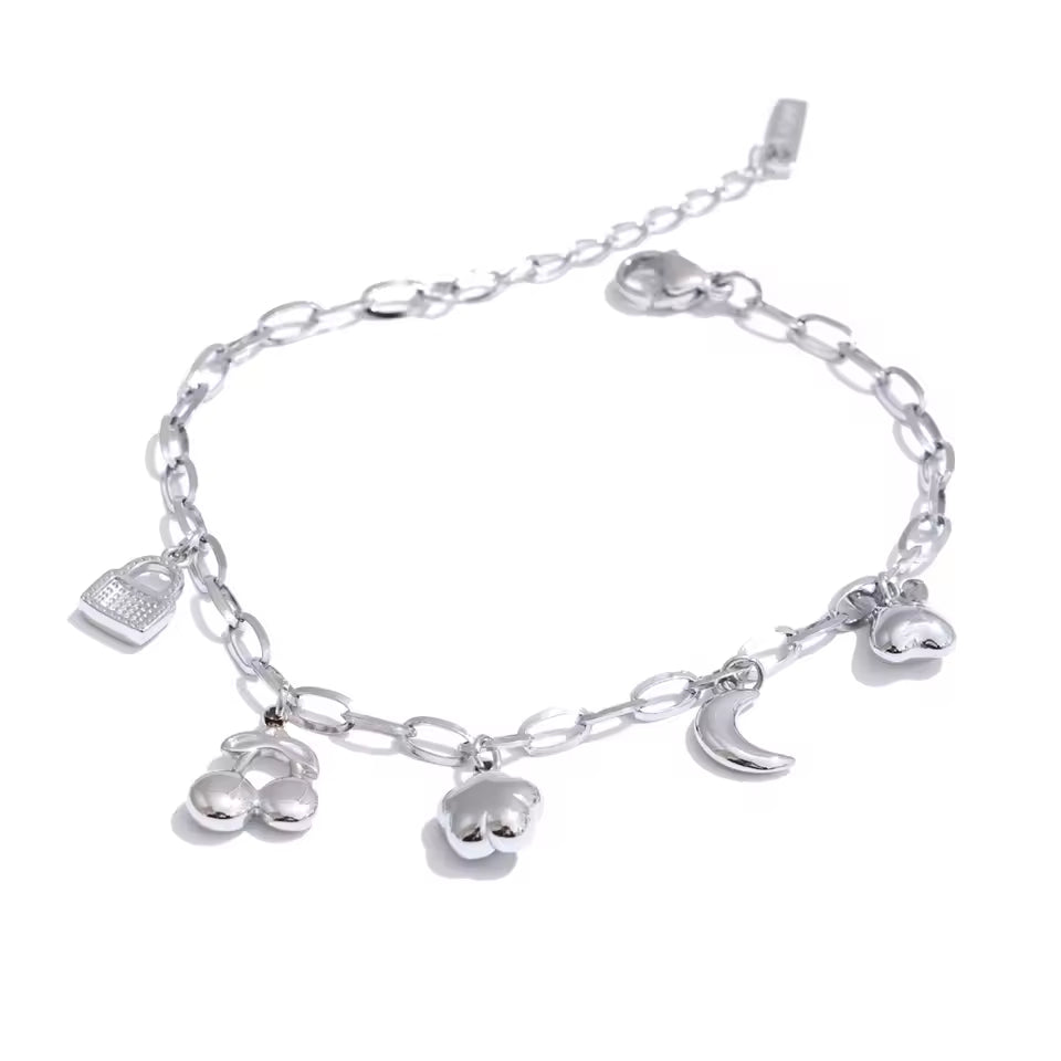 Cherry, Flower, Moon Charm Bracelet