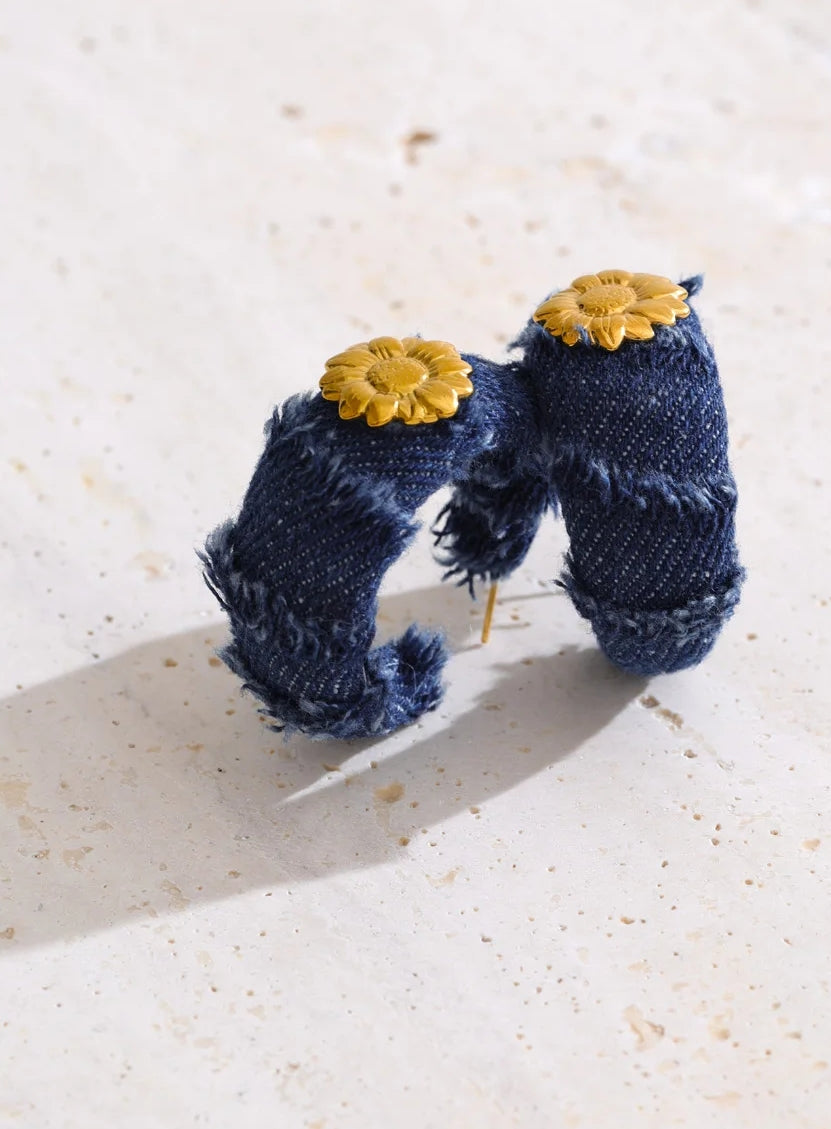 Blue Denim Flower Hoop Earrings