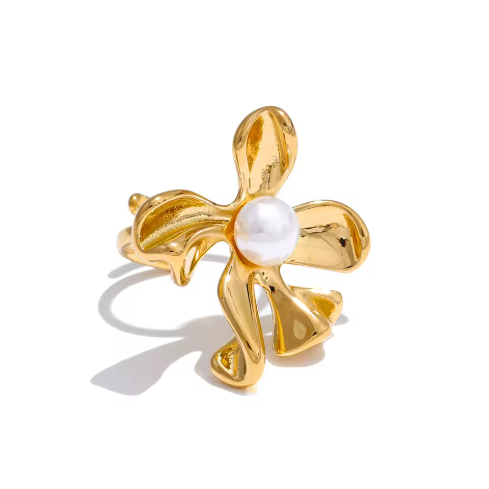 Adjustable Flower & Simulated Pearl Ring
