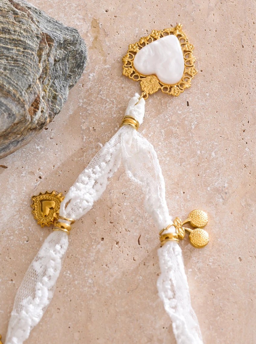 Lace, Cherry & Natural Shell Heart Charm Necklace
