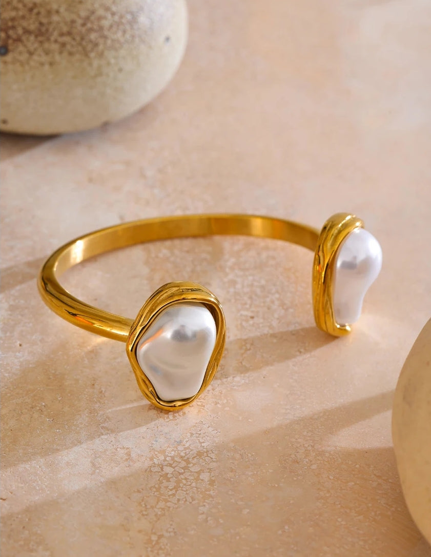 Inlaid Double Natural Pearl Cuff Bracelet