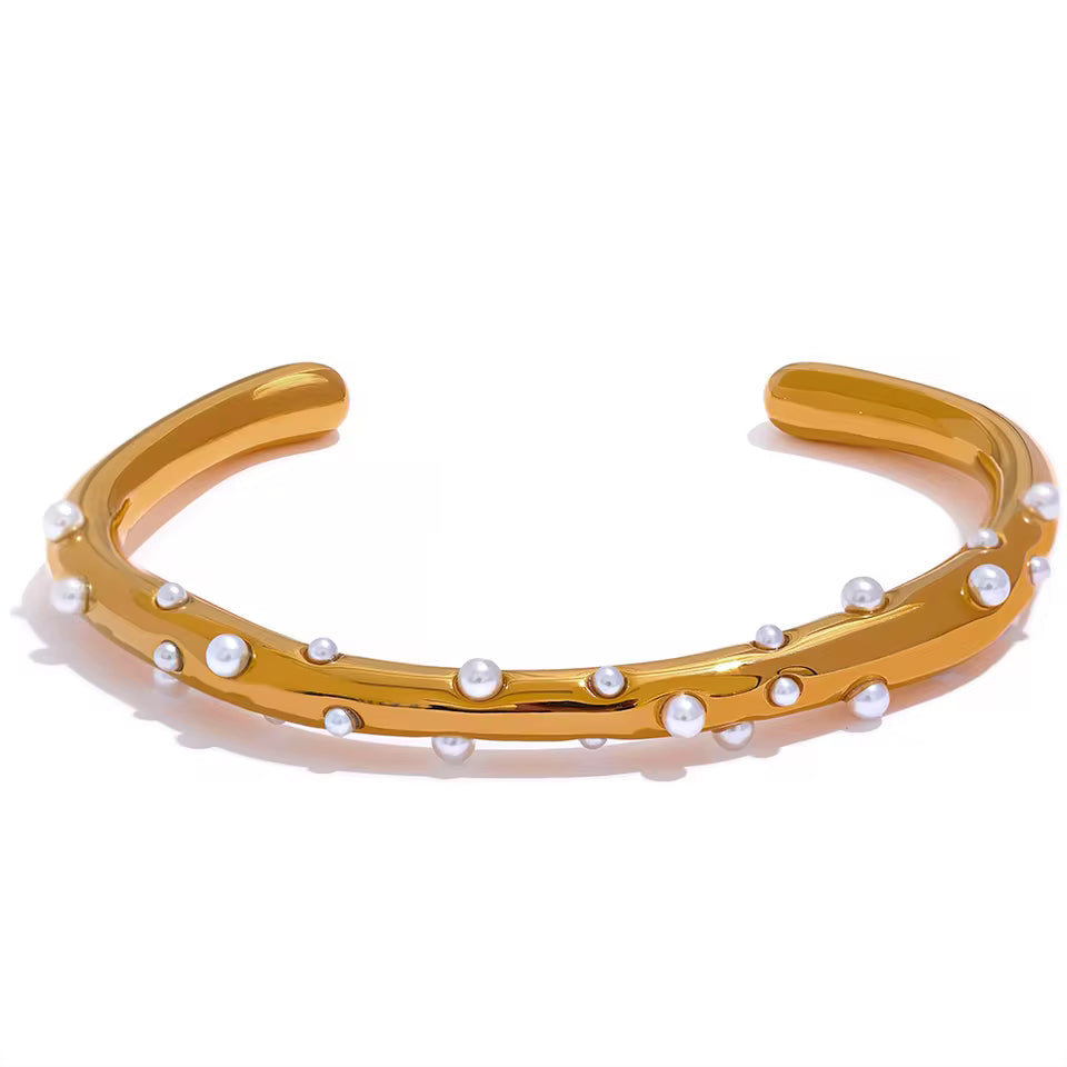 Inlaid Pearl Gold Open Cuff Bracelet