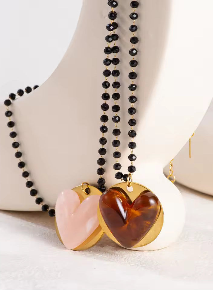 Black Beads Chain Heart Pendant Necklace