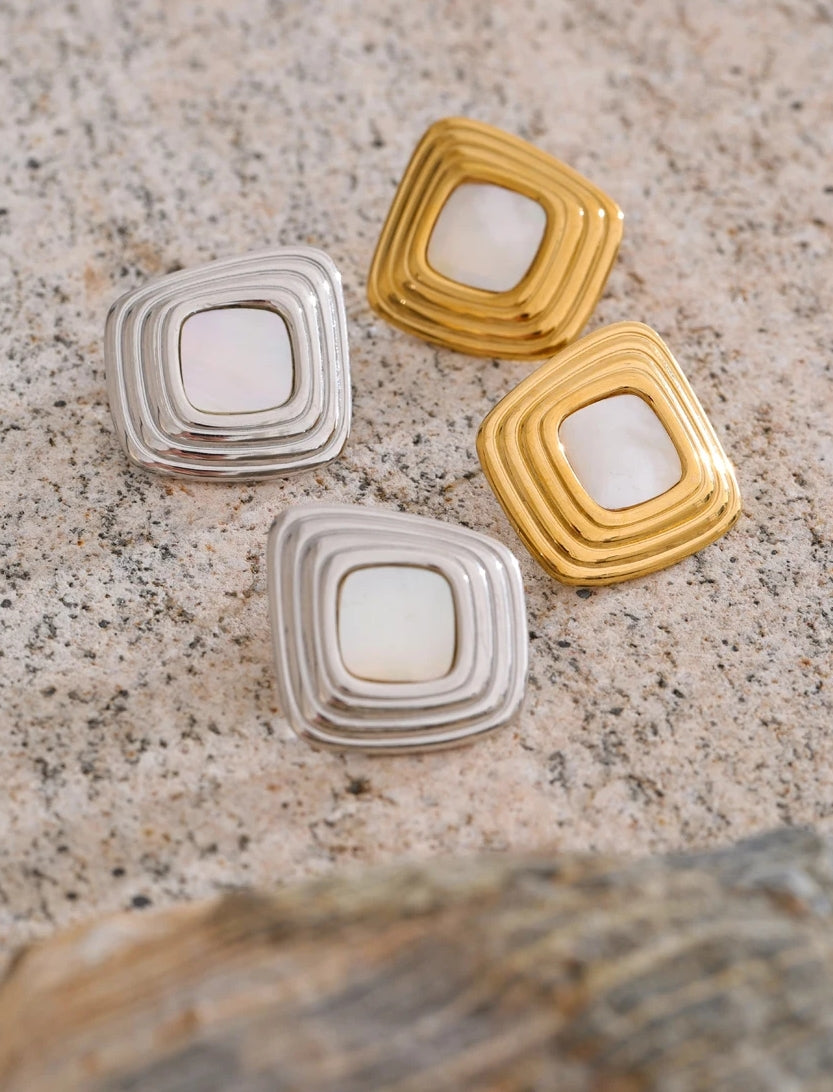 Asymmetric Square Stud Earrings with Shell Detail