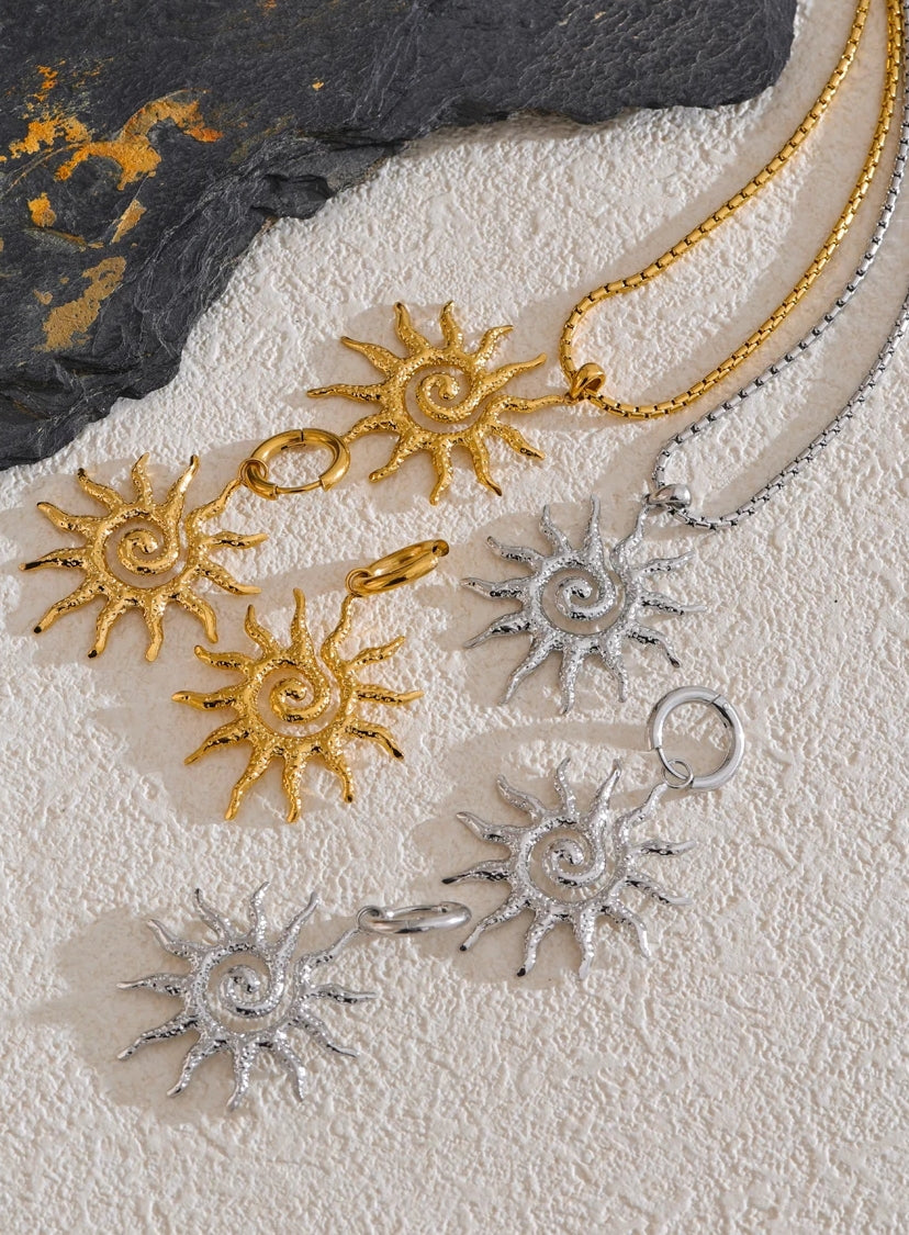 Engraved Sun Jewelry Set (Necklace & Earrings)