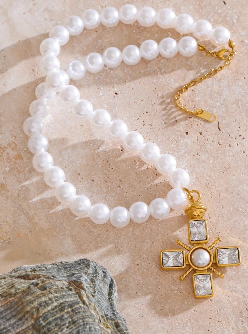 Pearl Cubic Zirconia Cross Pendant Necklace