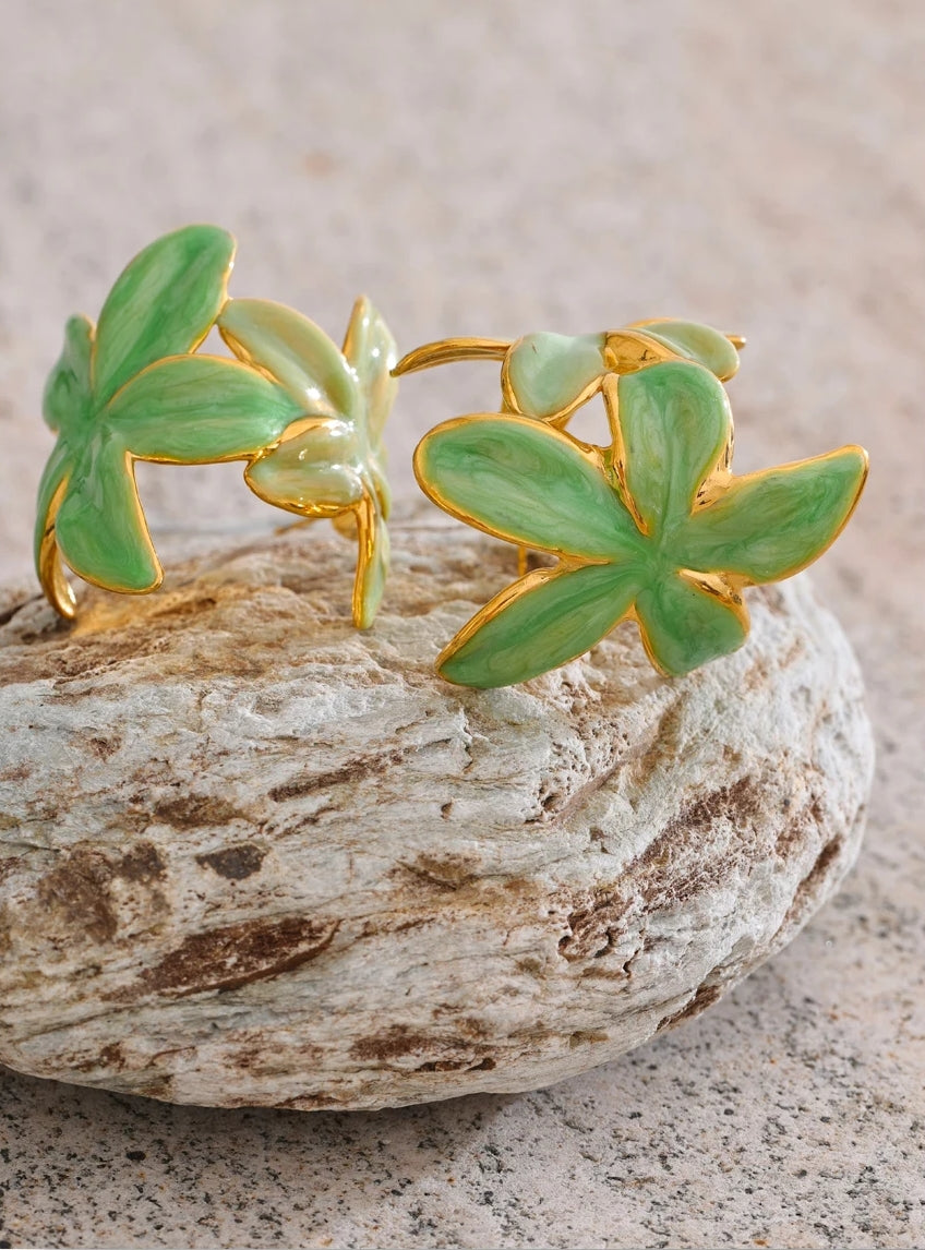 Pink Enamel Golden Flower Huggie Earrings
