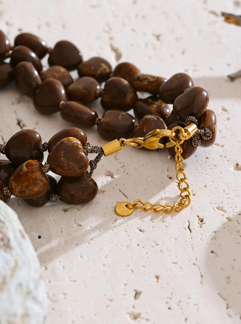 Multi Layered Brown Dolomite Heart Pendant Necklace