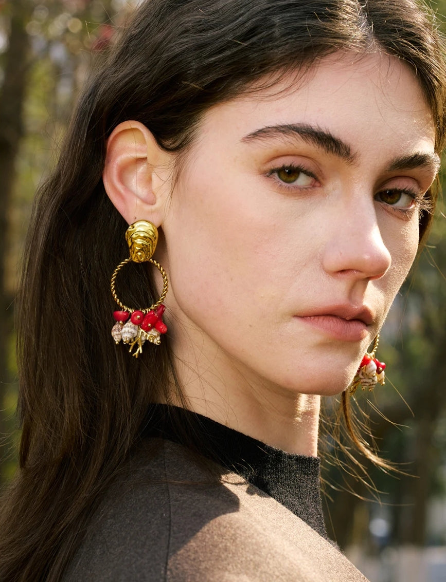 Red Stone & Natural Shell Dangle Earrings