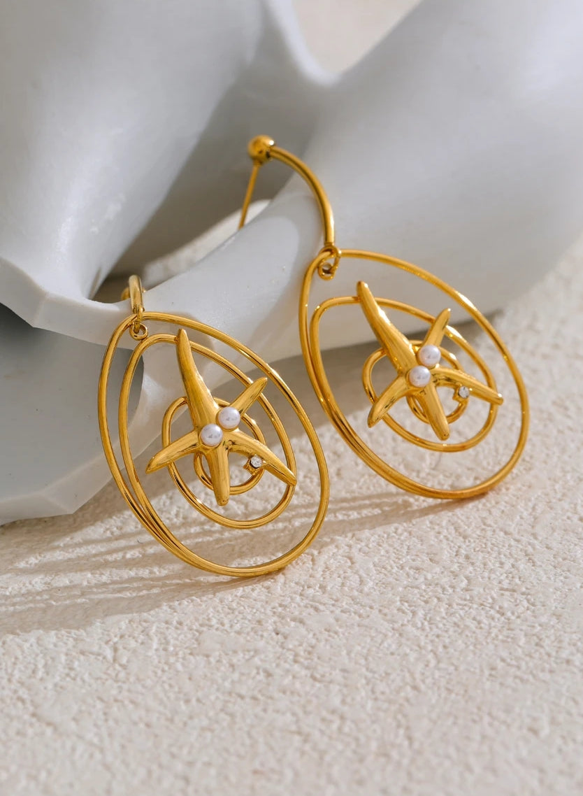 Golden Spiral Starfish Dangle Earrings