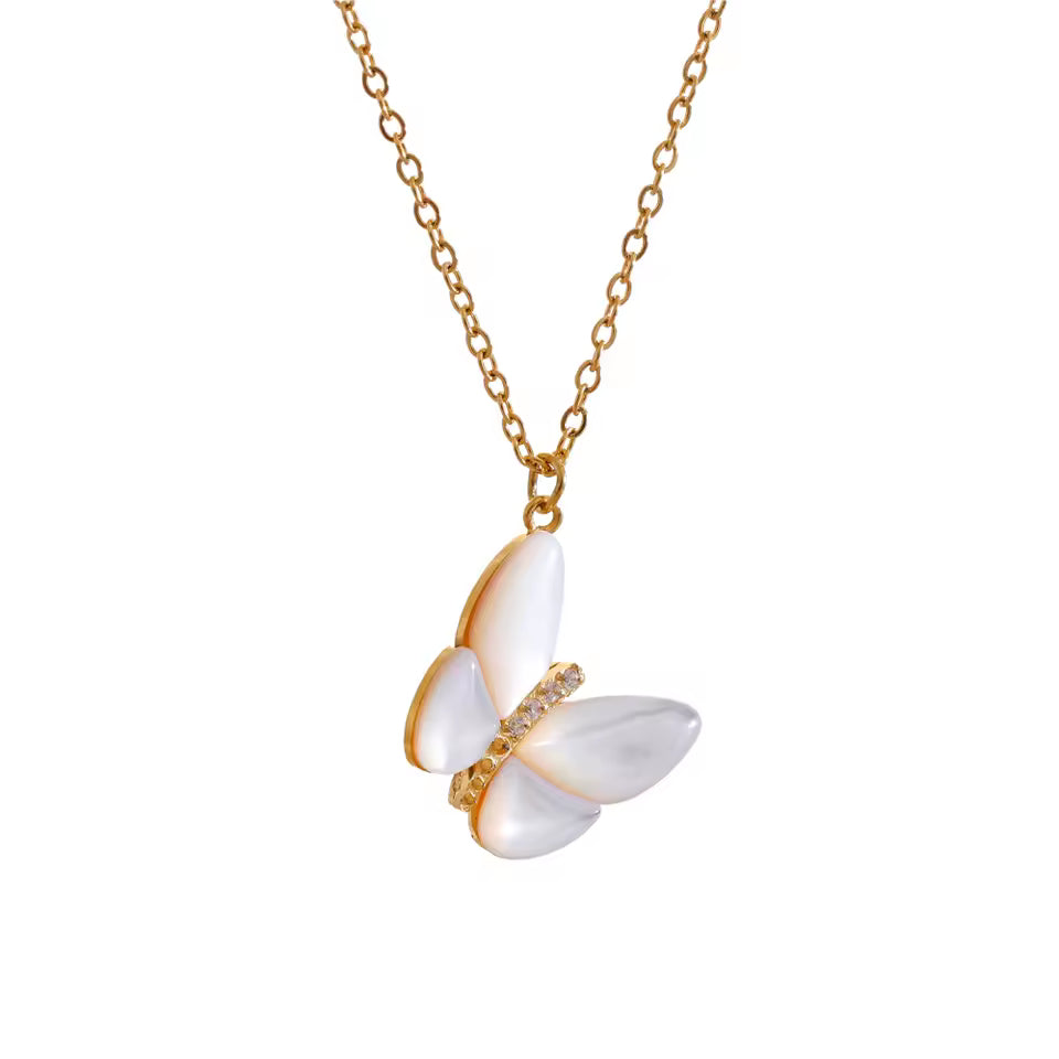 Gold Butterfly Natural Shell Pendant Necklace