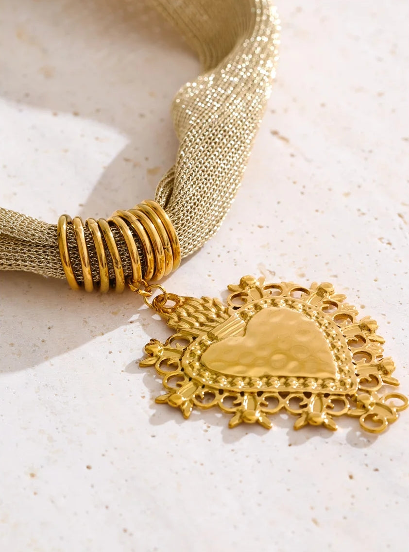 Golden Sacred Heart Mesh Cord Necklace