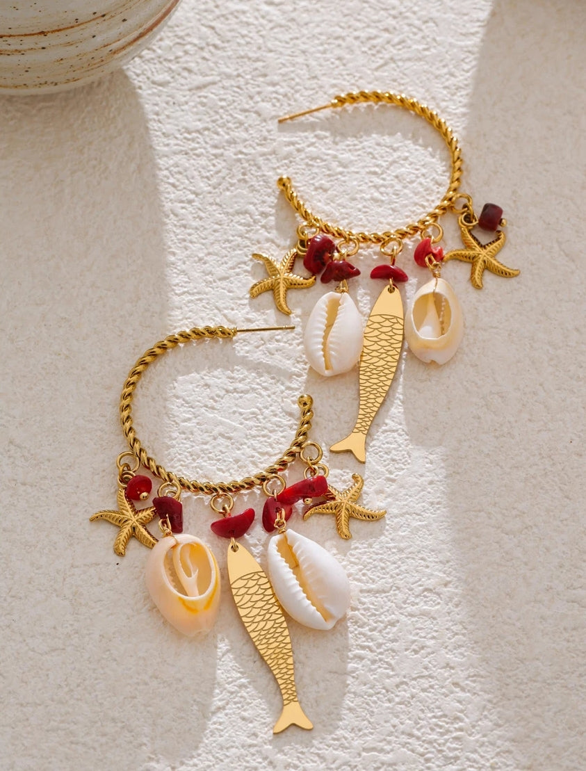 Natural Red Stone & Sea Charms Gold Hoop Earrings