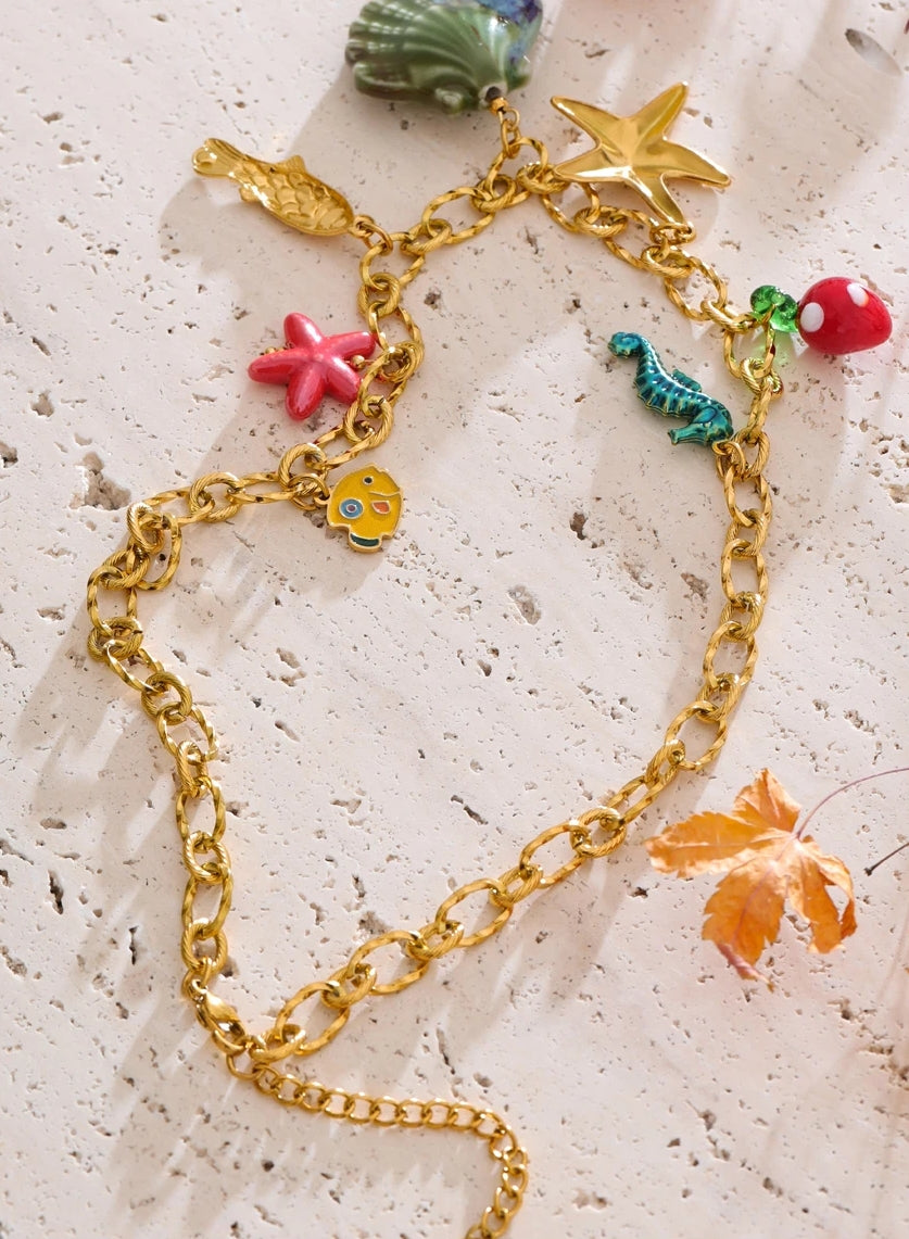 Ceramic Seashell & Sea Charms Necklace