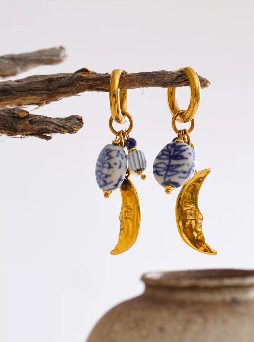 Ceramic Charm Simulated Pearl Moon Hoop Earrings