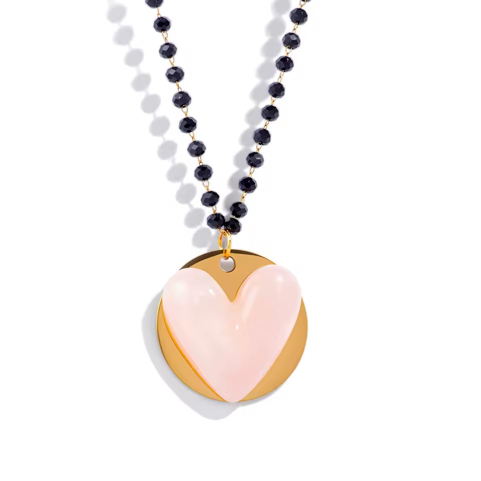 Black Beads Chain Heart Pendant Necklace