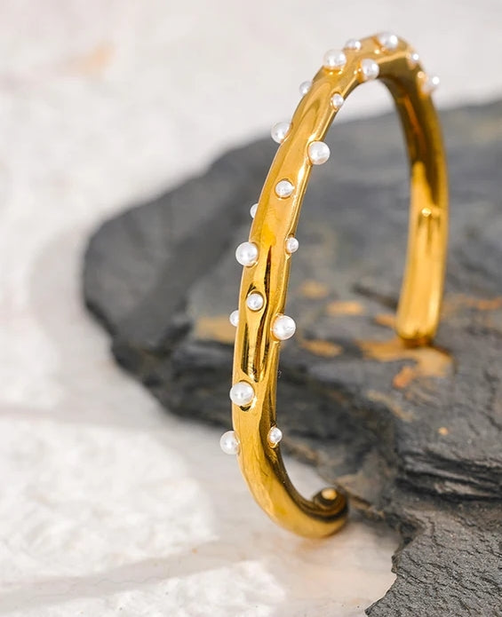 Inlaid Pearl Gold Open Cuff Bracelet