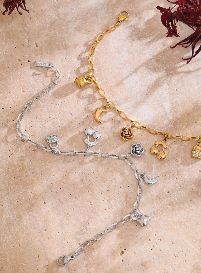 Cherry, Flower, Moon Charm Bracelet