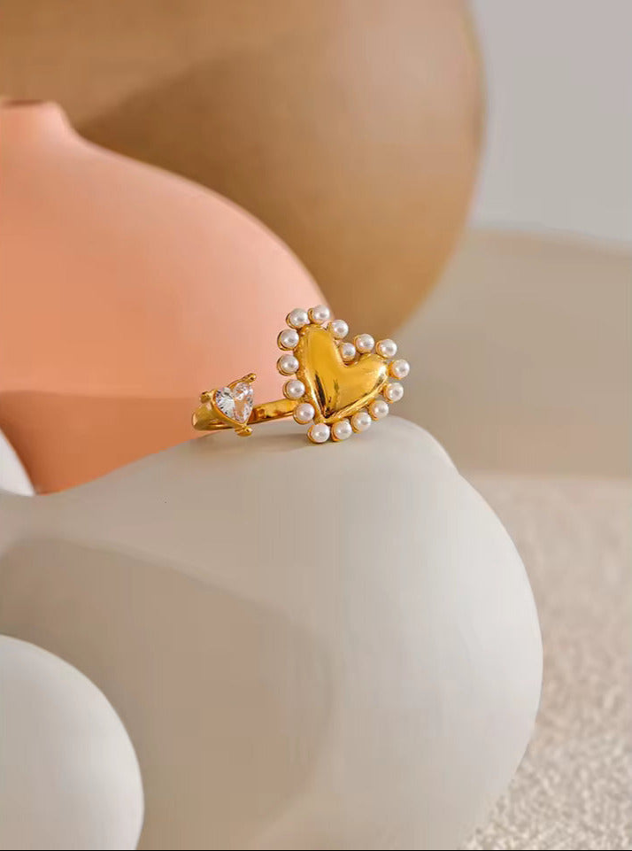 Adjustable Zircon & Simulated Pearl Heart Open Ring
