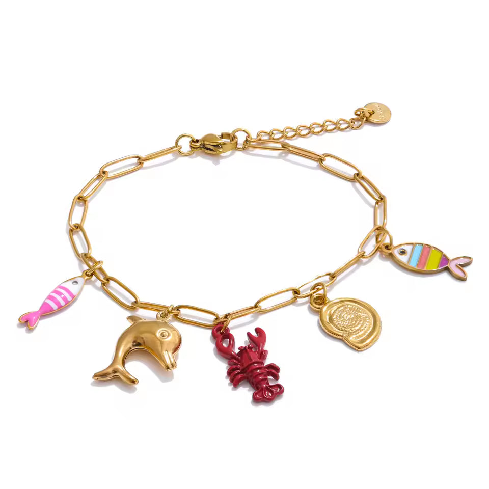 Lobster, Dolphin, Shell & Fish Enamel Charm Bracelet
