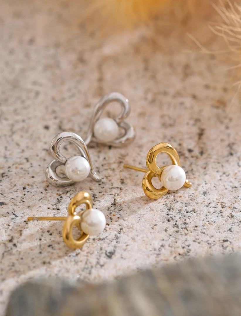Asymmetrical Heart Pearl Stud Earrings