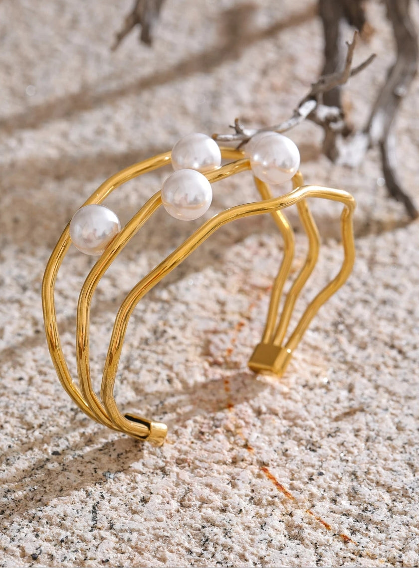 Simulated Pearl Layered Hollow Cuff Bracelet