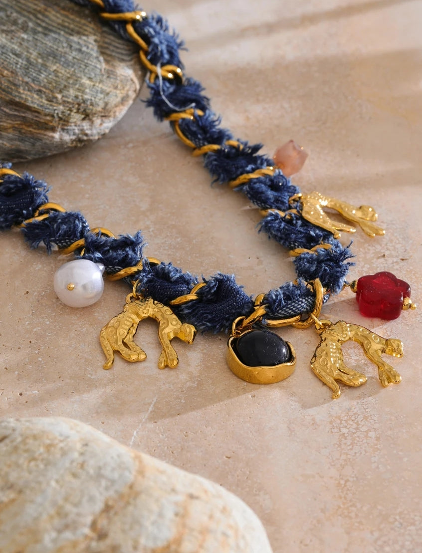 Blue Denim Panther Charm Necklace
