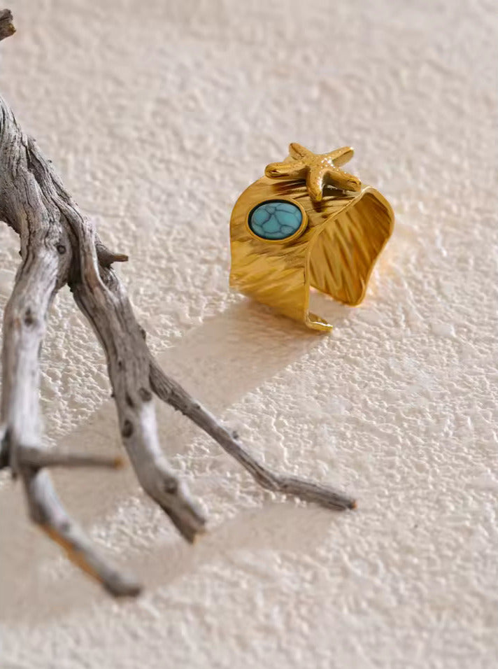 Starfish & Natural Blue Turquoise Stone Adjustable Ring