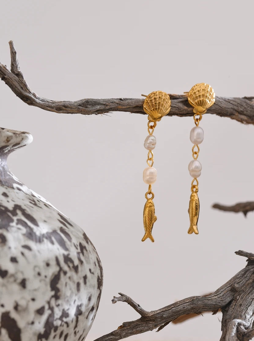 Freshwater Pearl & Ocean Charms Dangle Earrings